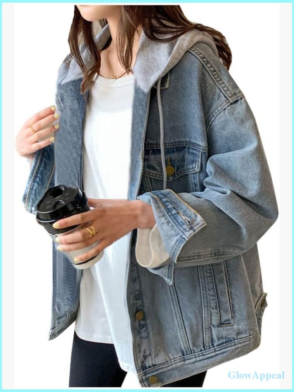 Oversized Distressed Denim Jacket with Hood Cropped 3/4 Sleeve